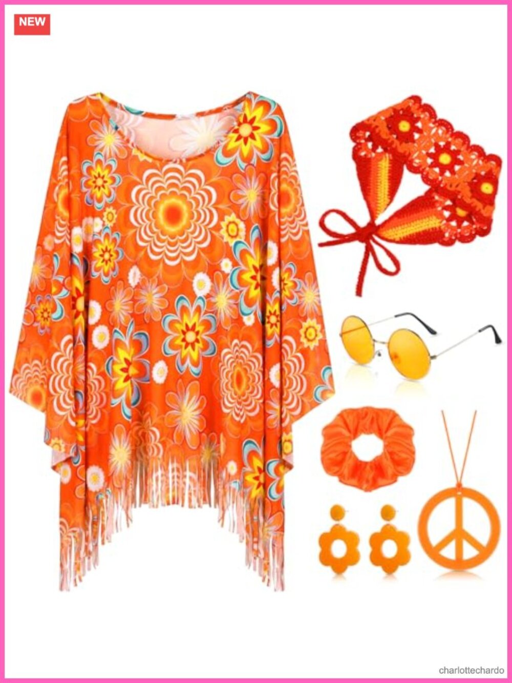 60s 70s Hippie Costume Accessory Set Poncho Headband Sunglasses Necklace